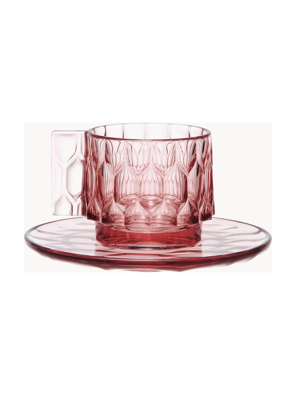 Tazas de café con platitos con relieves Jellies, 4 uds., Plástico, Rosa, Ø 6 x Al 7 cm, 90 ml