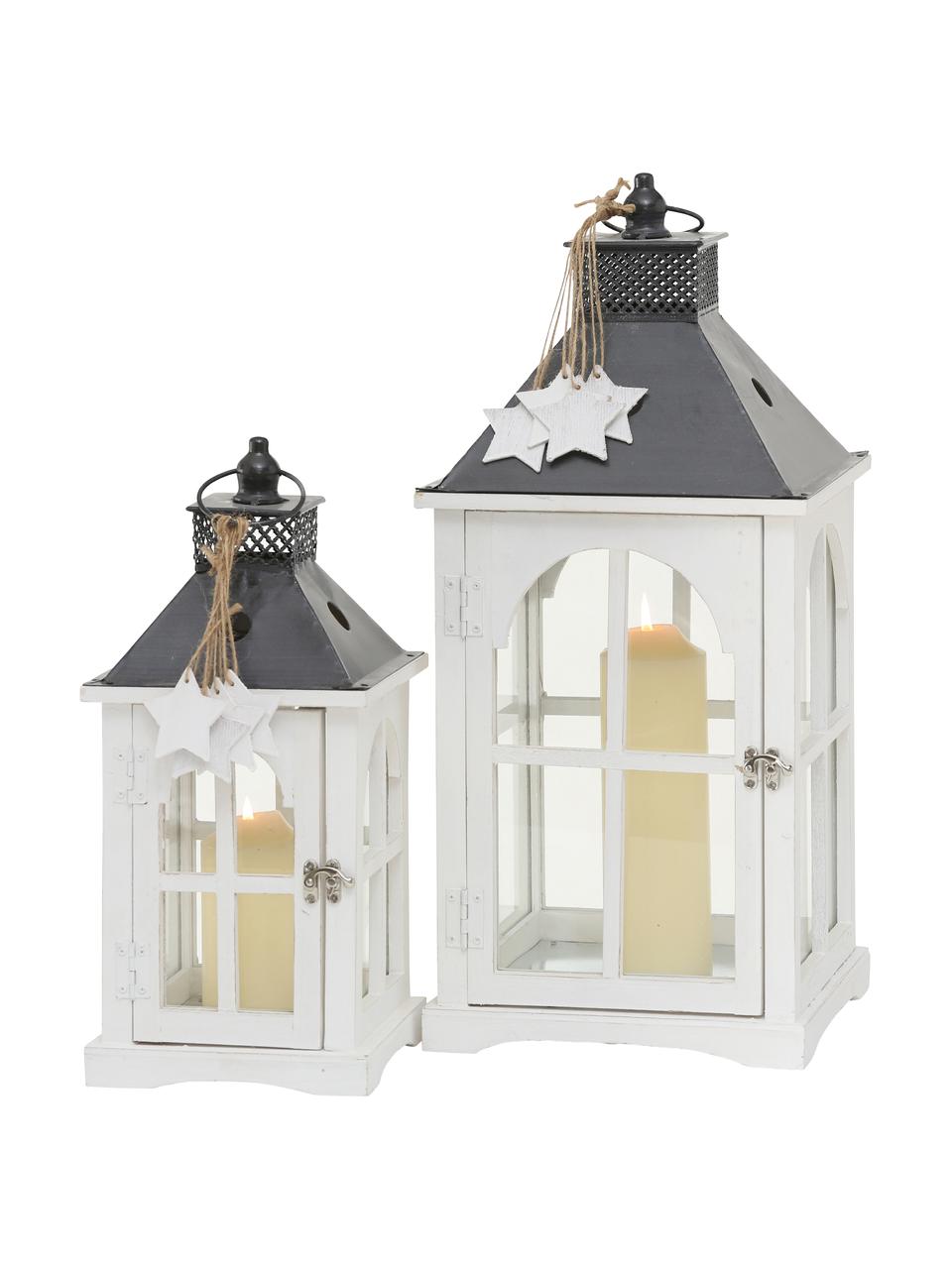 Set 2 lanterne Natale, Cornice: legno rivestito, Bianco, antracite, trasparente, Set in varie misure