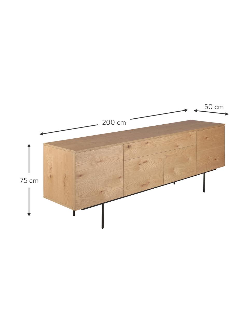 Credenza con cassetti e ante in finitura di legno di quercia Allure, Piedini: metallo laccato, Marrone chiaro, nero, Larg. 200 x Alt. 75 cm