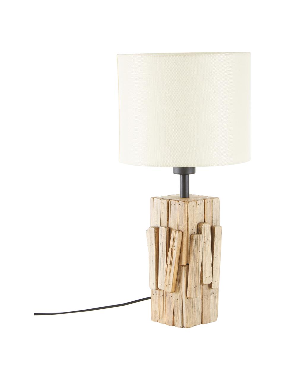 Lampada da tavolo con base in legno Portishead, Paralume: lino, Base della lampada: legno, Marrone, bianco, Ø 26 x Alt. 54 cm