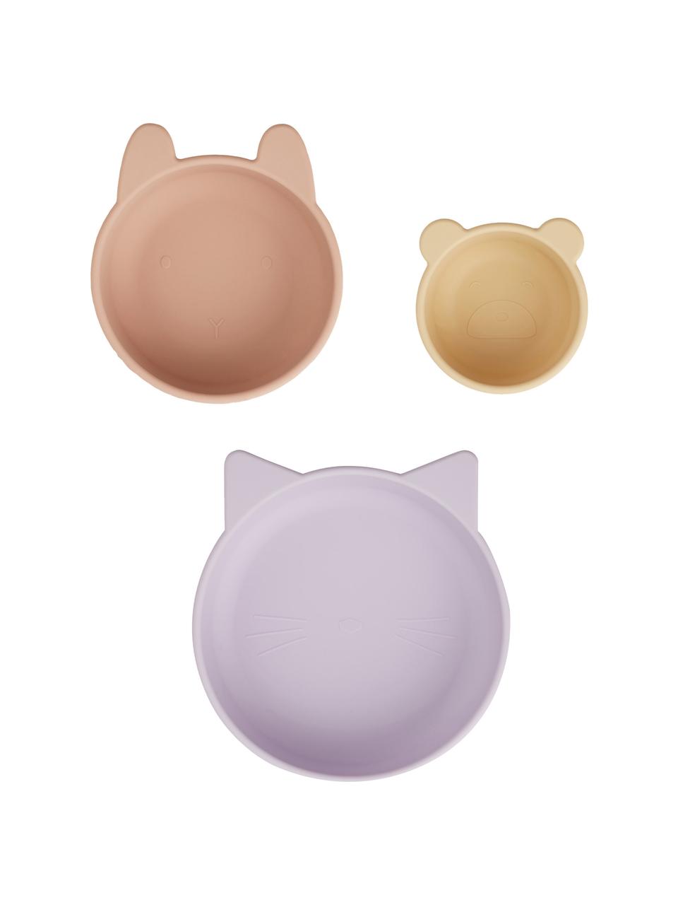 Assiette enfant Eddie, 3 élém., 100 % silicone, Lilas, beige, jaune clair, Lot de différentes tailles