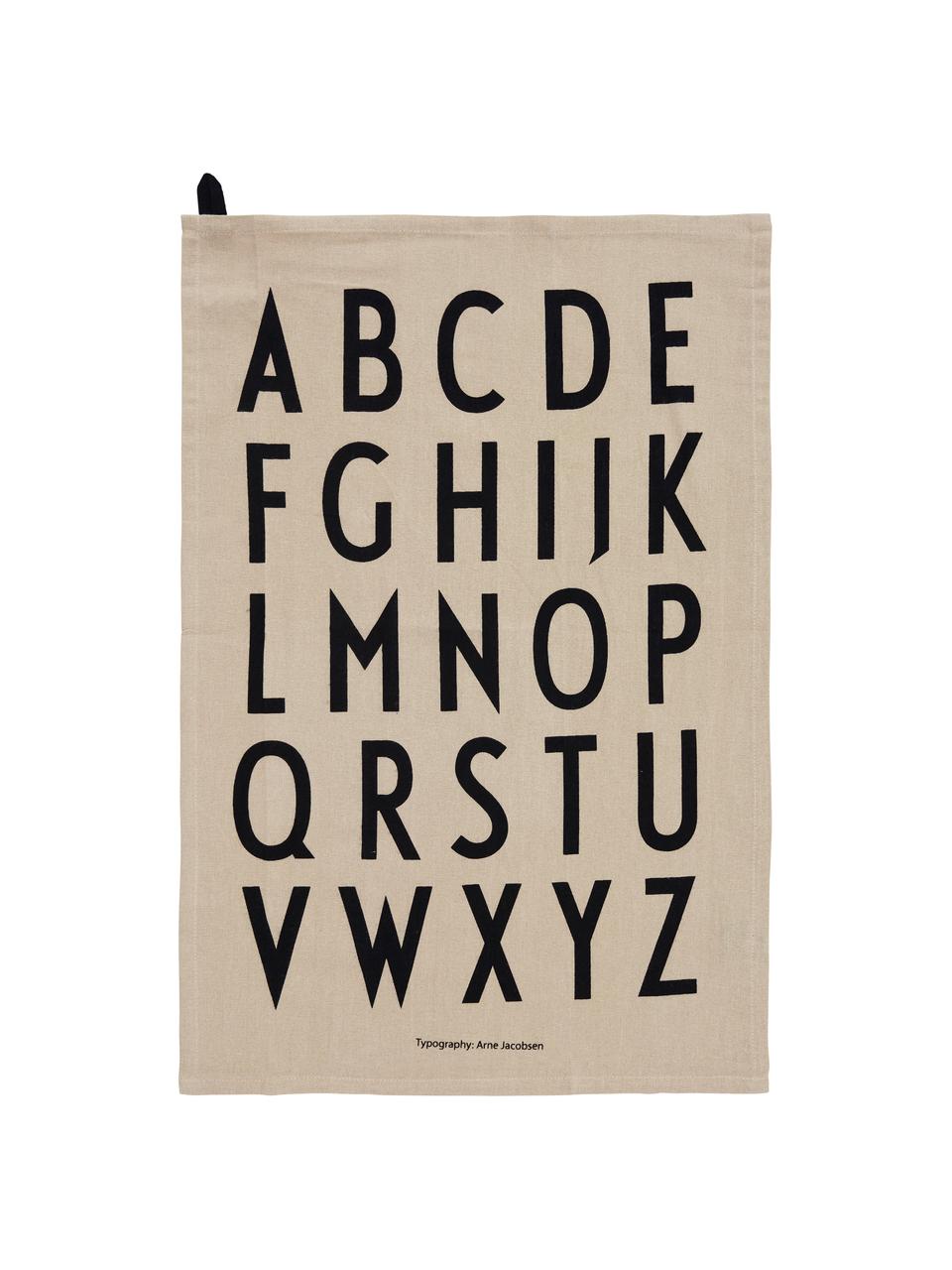 Katoenen theedoeken Classic in beige met design letters, 2 stuks, 100% katoen, Beige, zwart, B 40 x L 60 cm