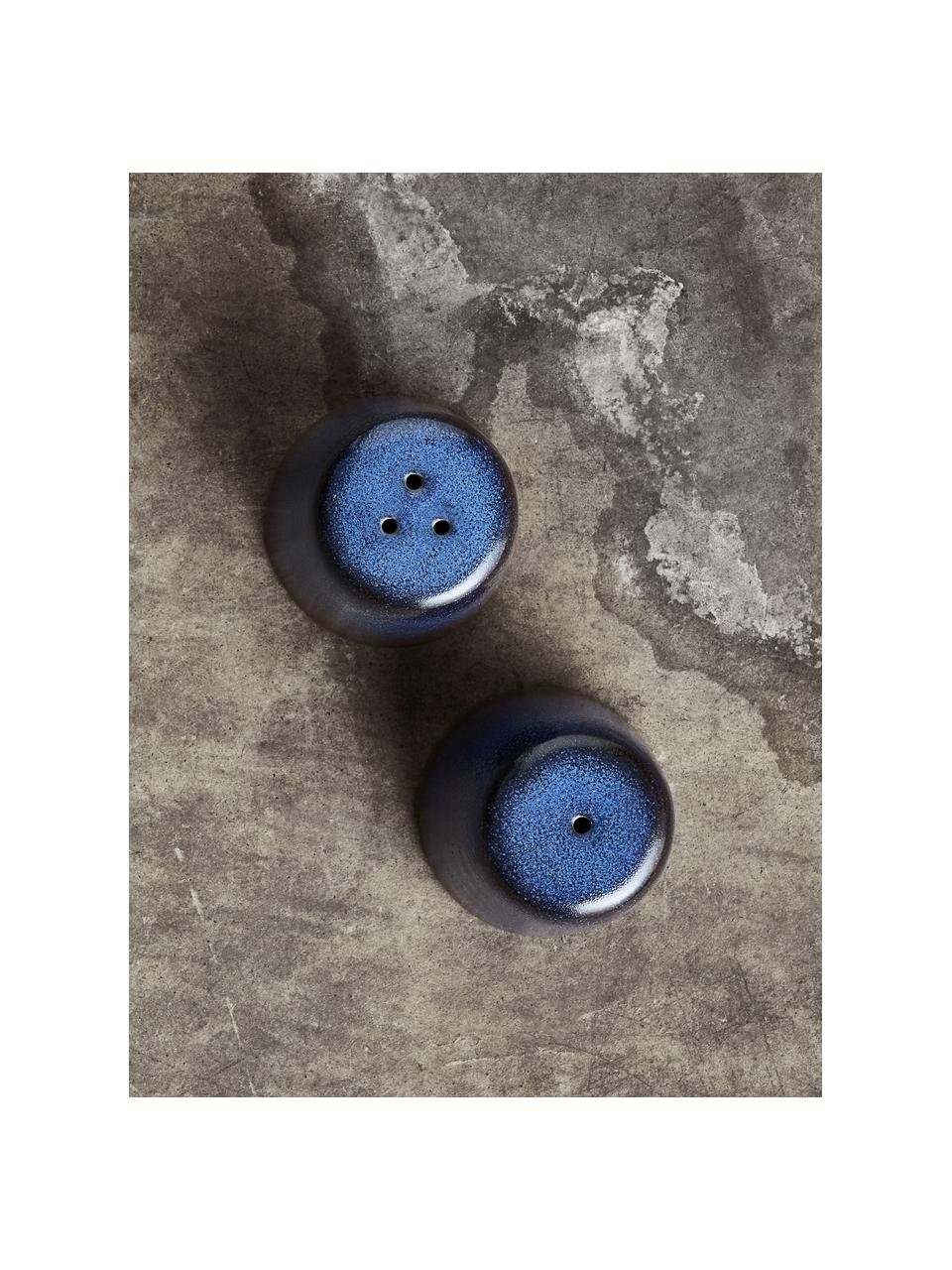Sada ručně vyrobené slánky a pepřenky z kameniny s barevným přechodem Raw, 2 díly, Kamenina, Tmavě modrá, tečky, Ø 5 cm, V 6 cm