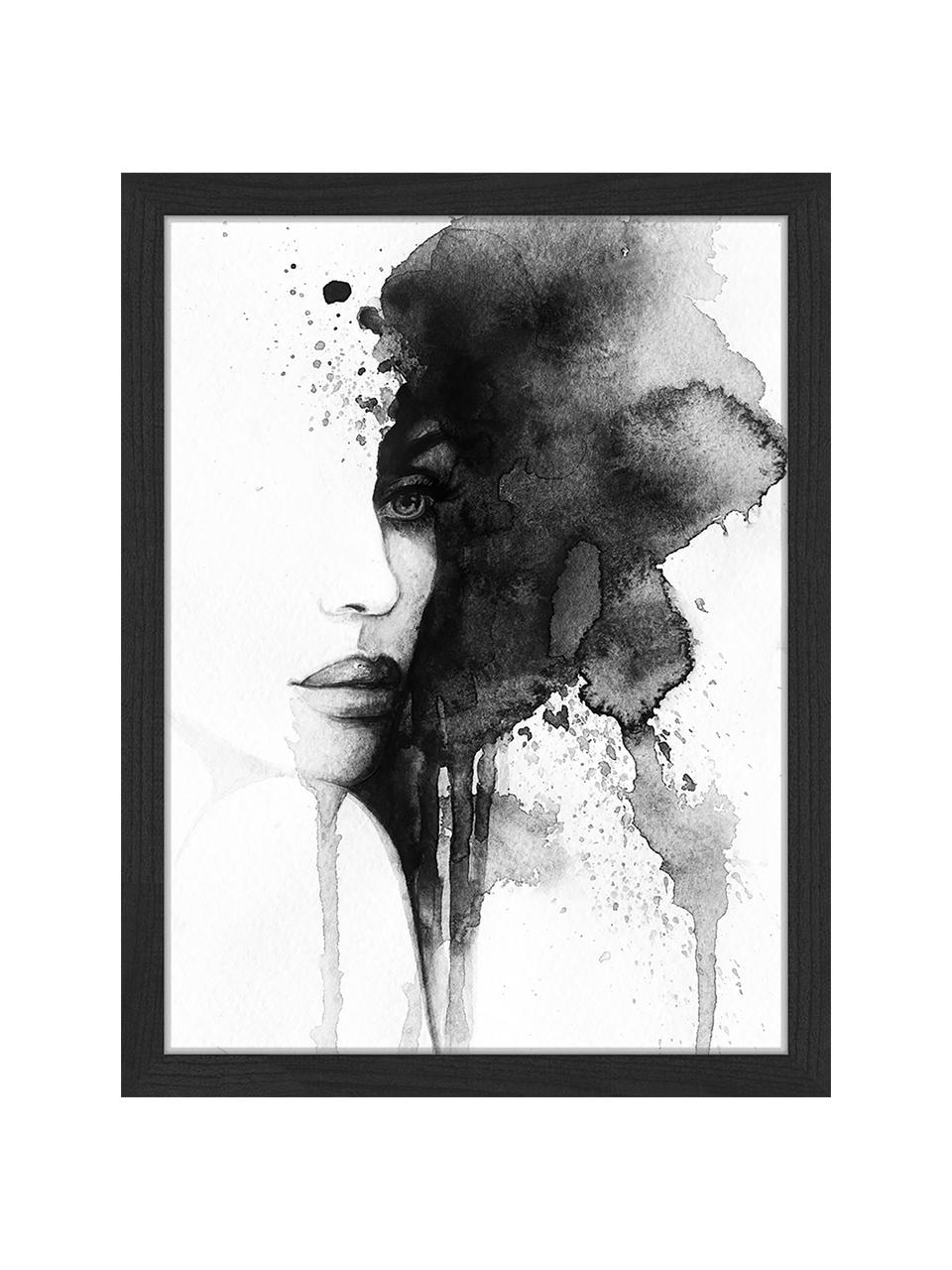 Ingelijste digitale print Woman Face, Afbeelding: digitale print op papier,, Lijst: gelakt hout, Zwart, wit, B 33 cm x H 43 cm