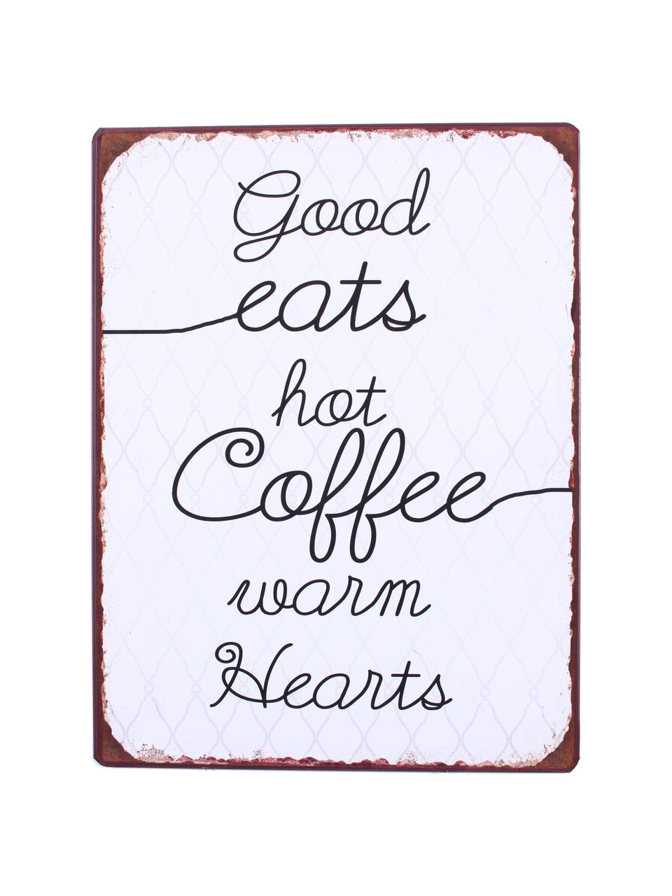 Znak dekoracyjny Good eats, hot coffee, warm hearts, Metal powlekany, Biały, czarny, brązowy, S 27 x W 35 cm