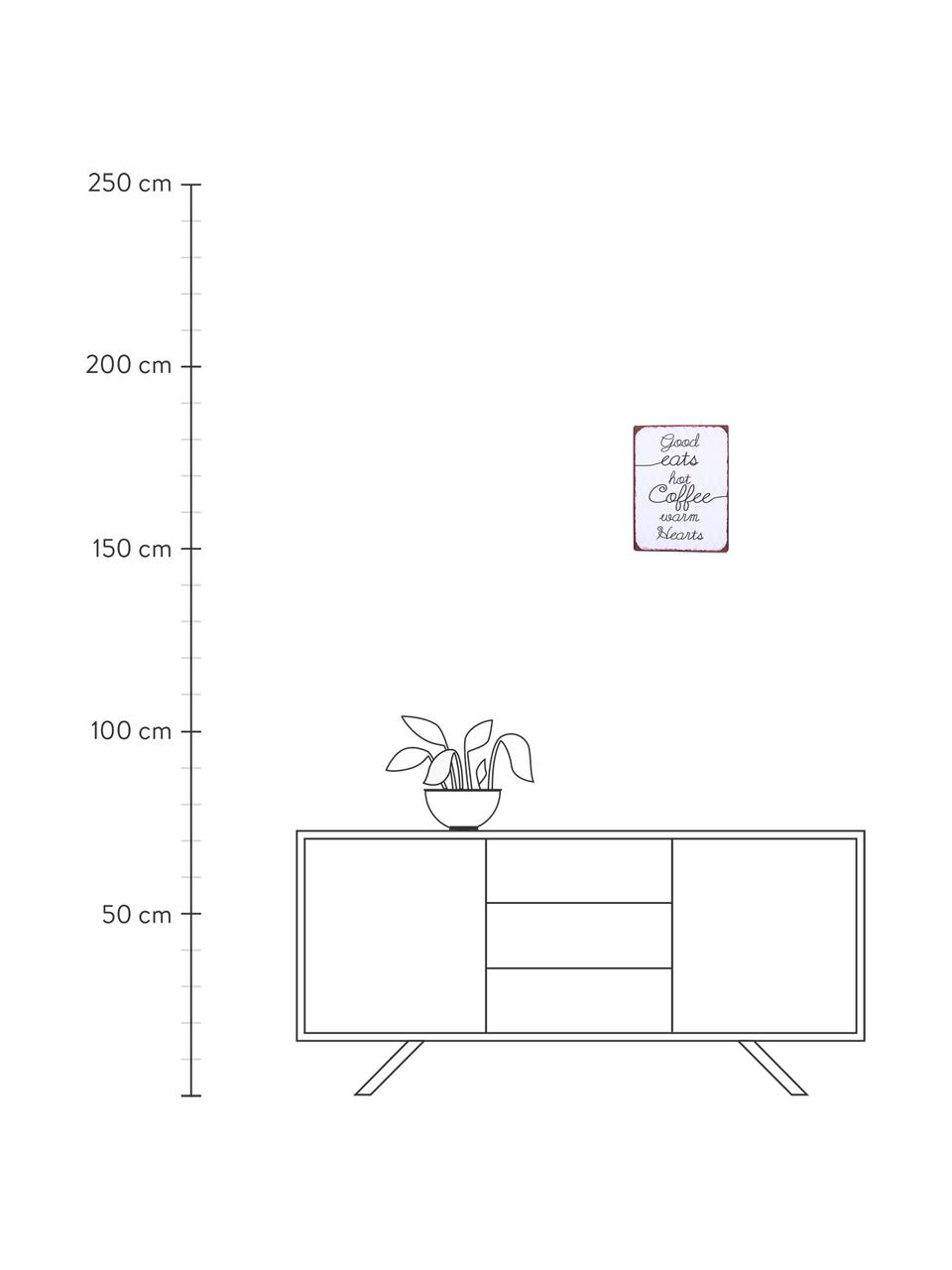 Wandschild Good eats, hot coffee, warm hearts, Metall, beschichtet, Weiss, Schwarz, Braun, 27 x 35 cm