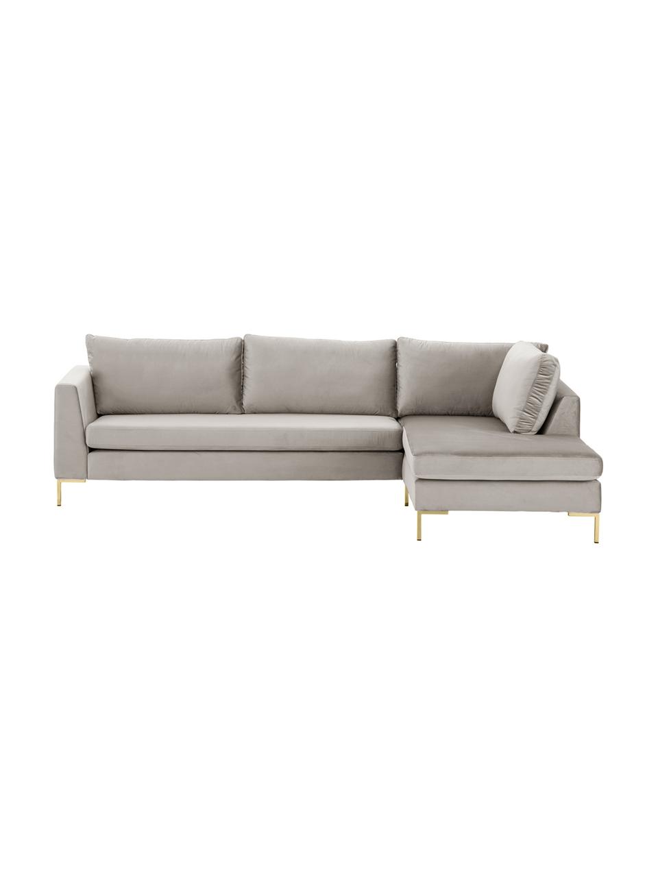 Sofa narożna z aksamitu z metalowymi nogami Luna, Tapicerka: aksamit (poliester) Dzięk, Nogi: metal galwanizowany, Ciemnobeżowy aksamit, złoty, S 280 x G 184 cm, prawostronna