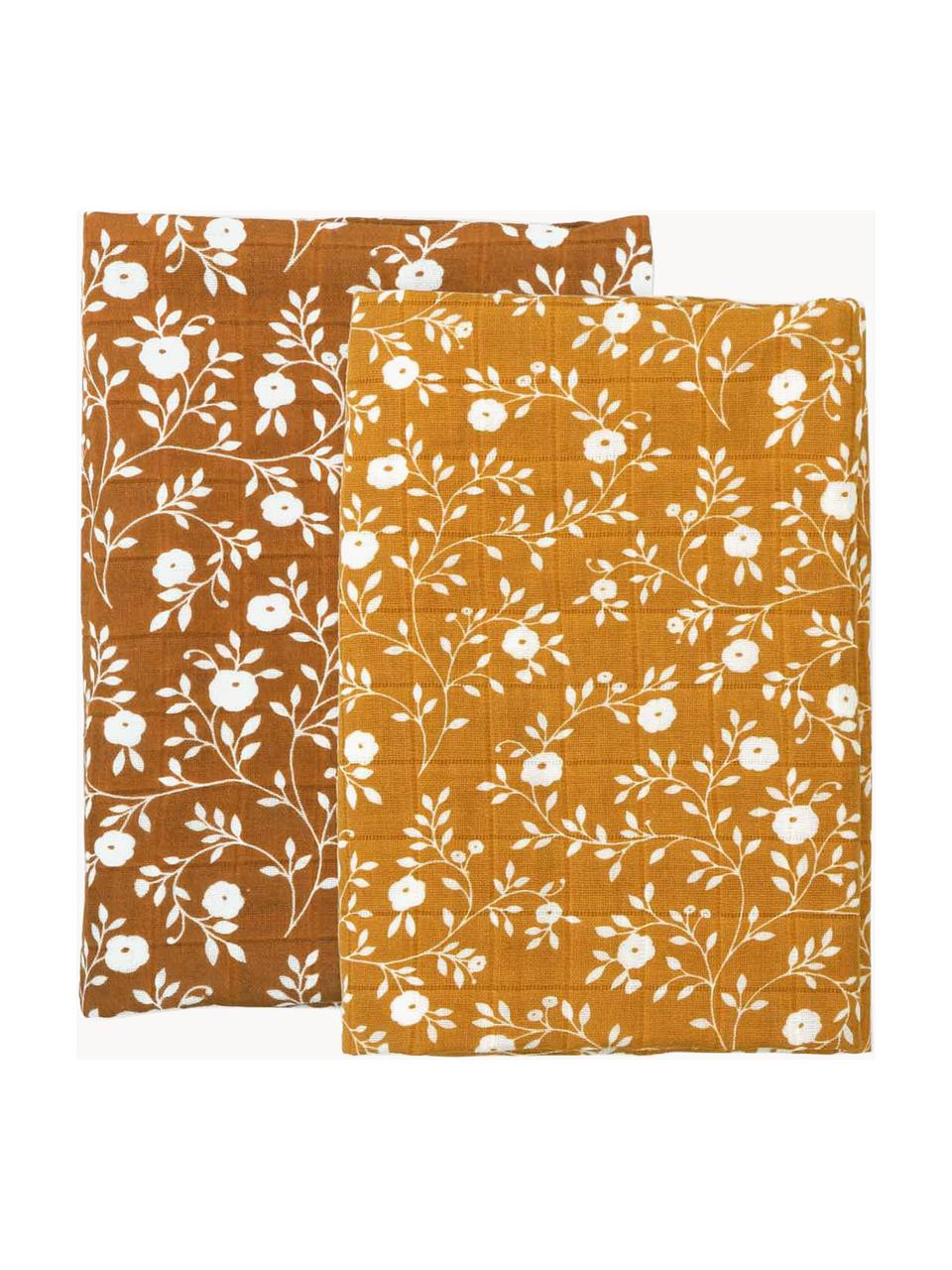 Lingettes en mousseline Blossoms, 2 élém., Tons bruns, blanc cassé, larg. 60 x long. 60 cm