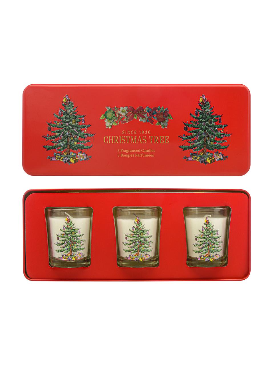 Velas en caja de metal Noel (abeto, cedro, naranja), 3 uds., Caja: metal, Recipiente: vidrio, Color vino, An 25 x Al 6 cm