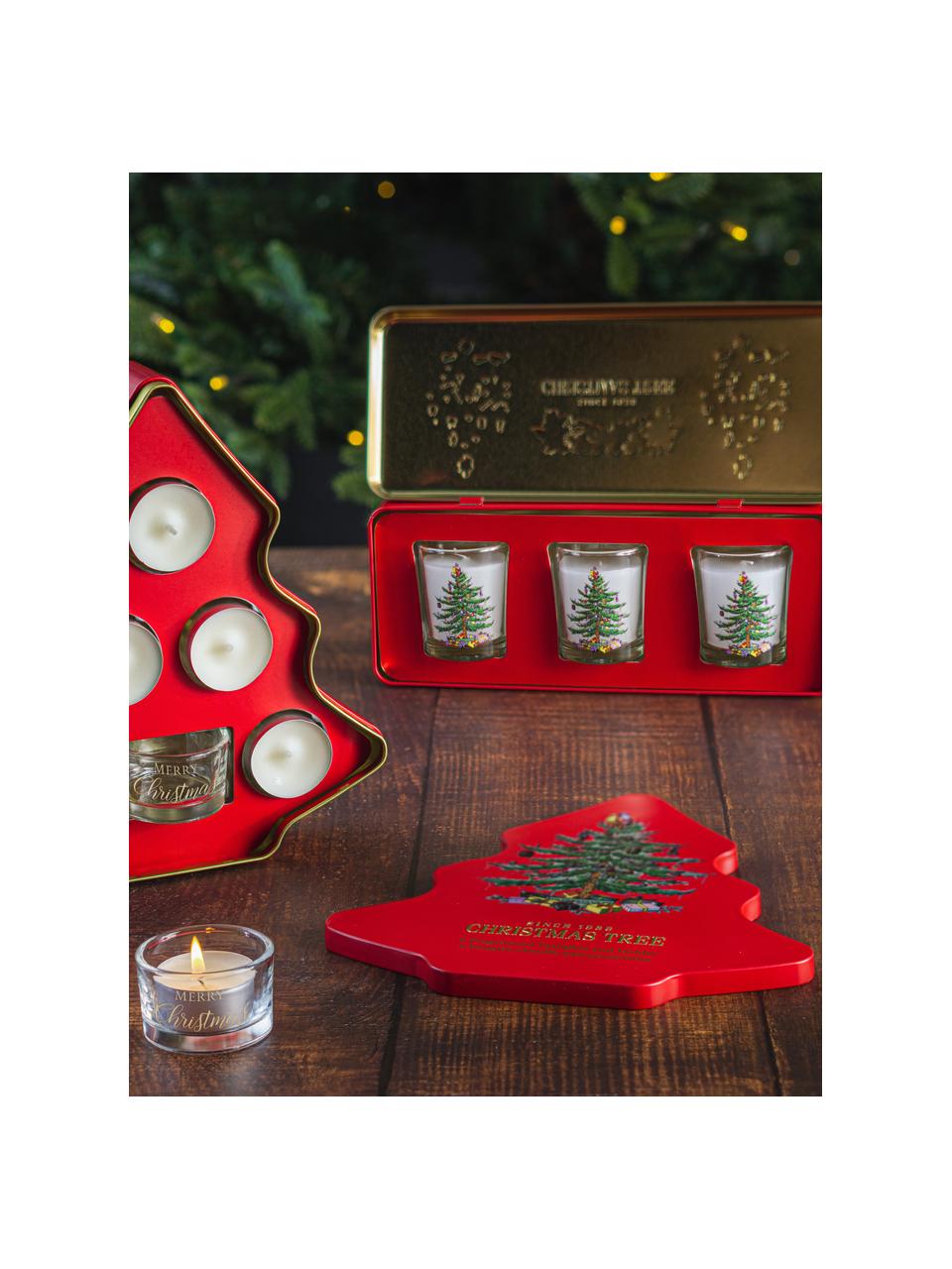 Svíčky s kovovou krabičkou Noel (smrkové jehličí, cedr, pomeranč), 3ks, Červená, Š 25 cm, V 6 cm