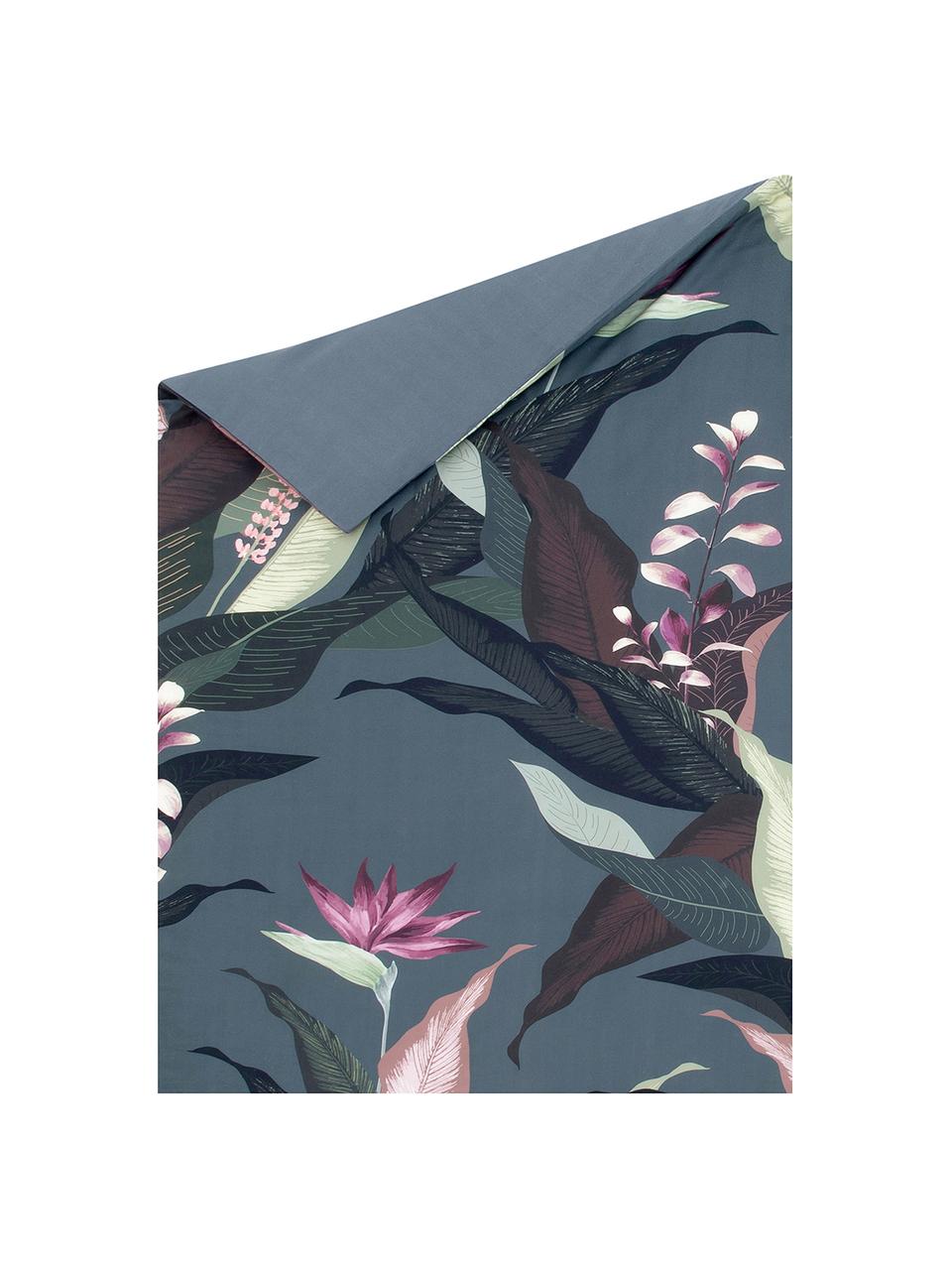 Funda nórdica doble cara de satén Flora, Gris oscuro con estampado de plantas, Cama 90 cm (150 x 220 cm)