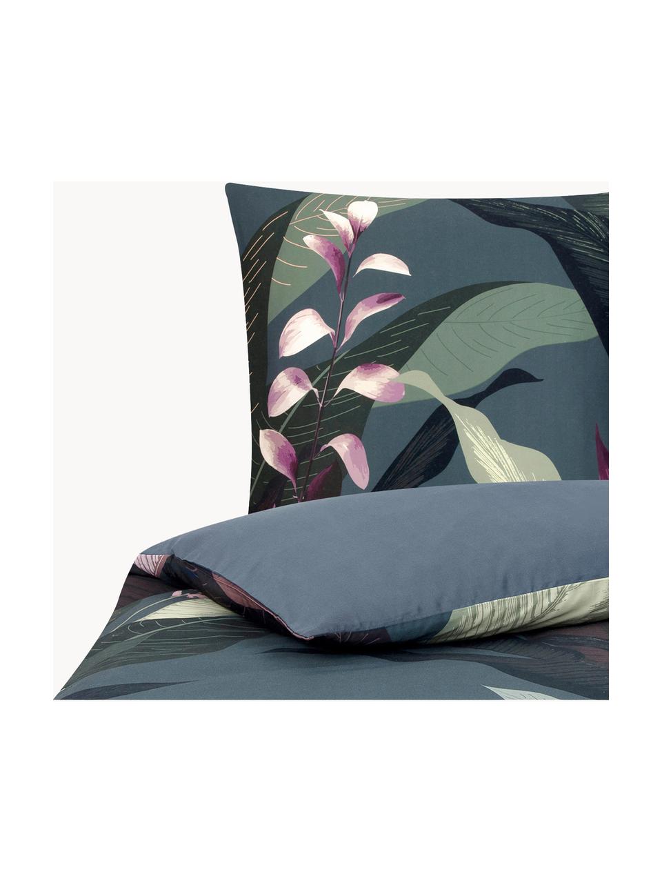 Funda nórdica doble cara de satén Flora, Gris oscuro con estampado de plantas, Cama 90 cm (150 x 220 cm)