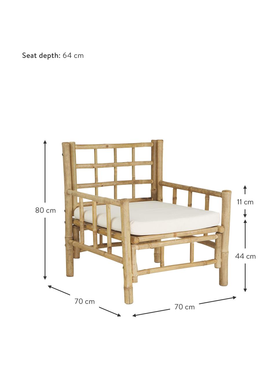 Bamboehouten fauteuil Mandisa met zitkussen, Frame: onbehandeld bamboehout, Bekleding: canvas, Bamboehoutkleurig, crèmewit, B 70  x D 70 cm