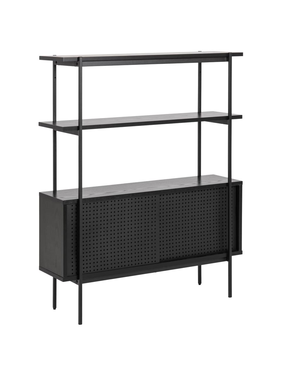 Regał z przesuwanymi drzwiami Angus, Korpus: płyta pilśniowa średniej , Stelaż: metal powlekany, Nogi: metal powlekany, Drewno naturalne, czarny lakierowany, S 94 x W 114 cm