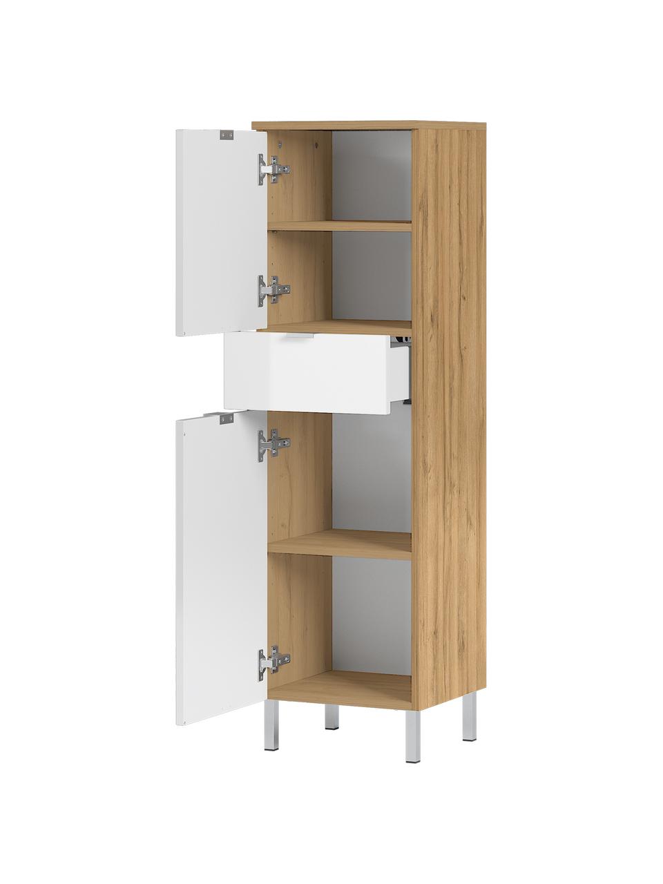 Sydney hoge badkamerkast met lade, B 34 cm, Houtkleurig, wit, B 34 cm x H 120 cm