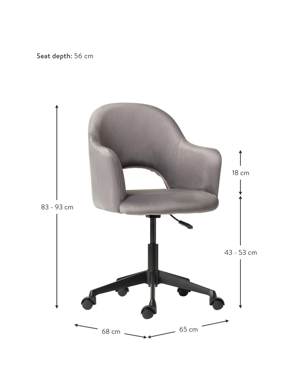 Sametové kancelářské otočné křeslo s područkami Rachel, výškově nastavitelné, Šedá, Š 65 cm, H 68 cm