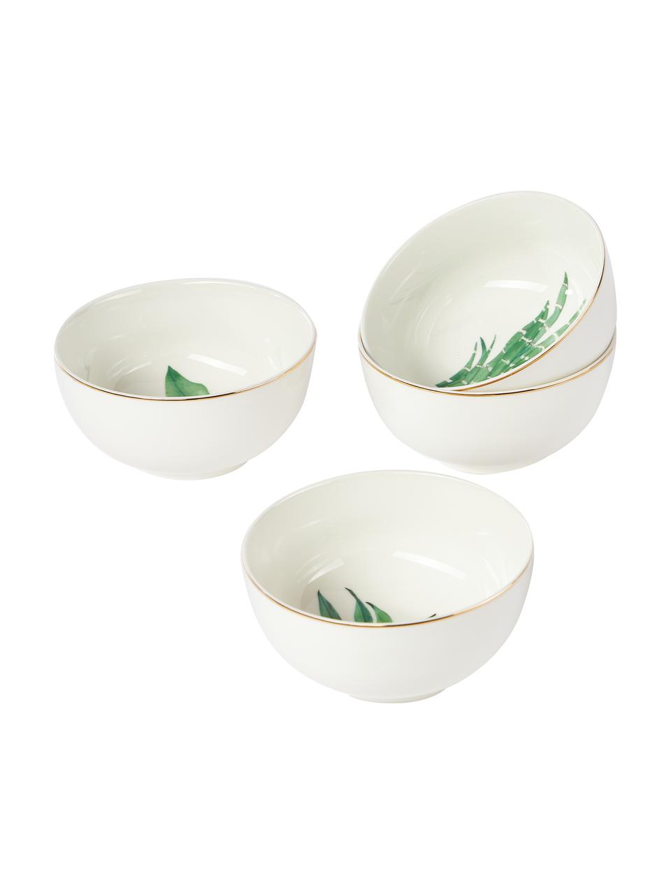 Bol porcelaine Fine Bone China motif tropical Timba, 4 élém., Porcelaine Fine Bone China
Fine Bone China est une porcelaine tendre, qui se distingue particulièrement par sa brillance et sa translucidité, Blanc, vert, couleur dorée, imprimé, Ø 14 x haut. 7 cm