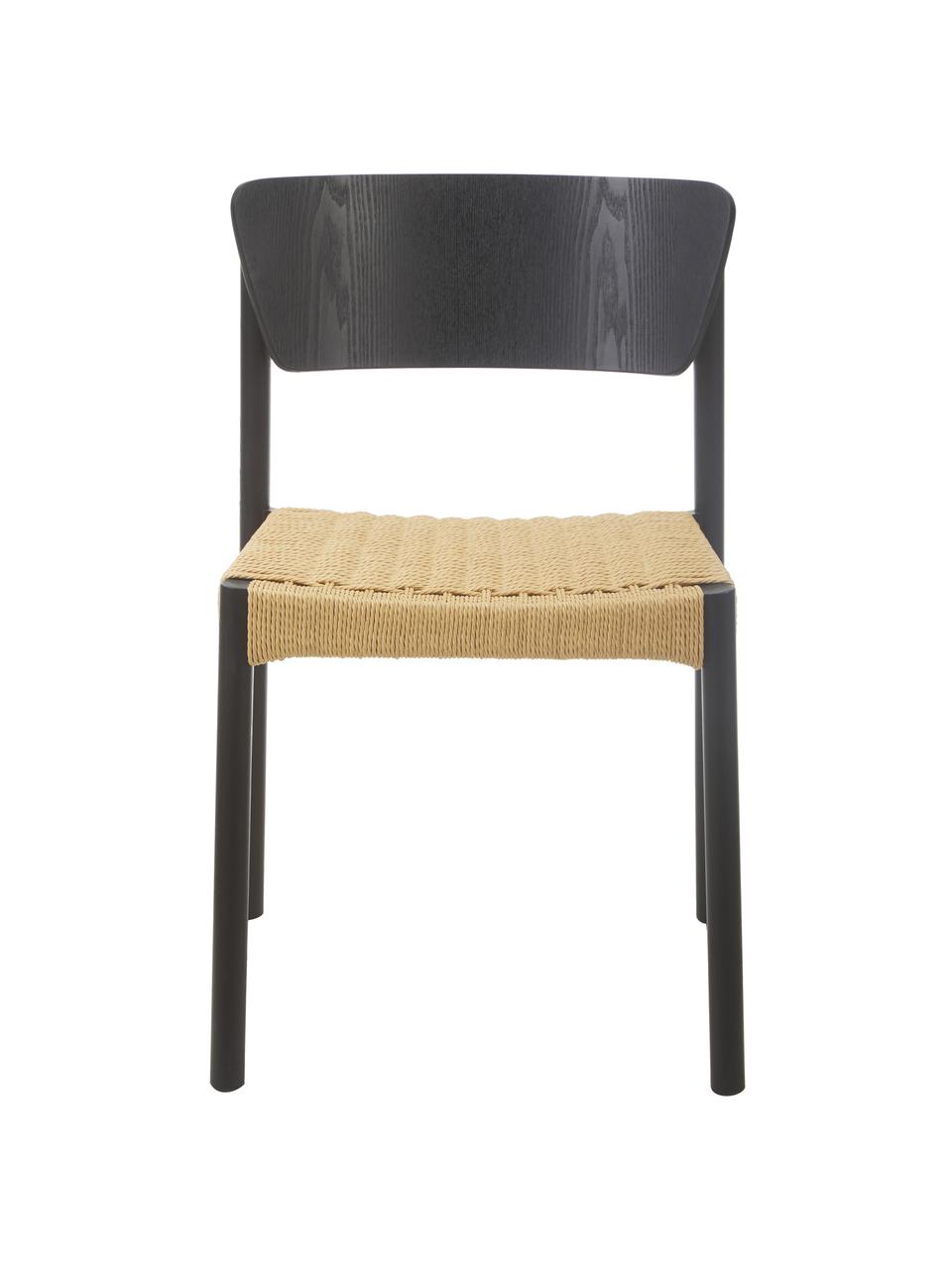 Sillas de madera y ratán Danny, 2 uds., Estructura: madera de haya, Asiento: fibras de ratán, Negro, beige, An 52 x F 51 cm