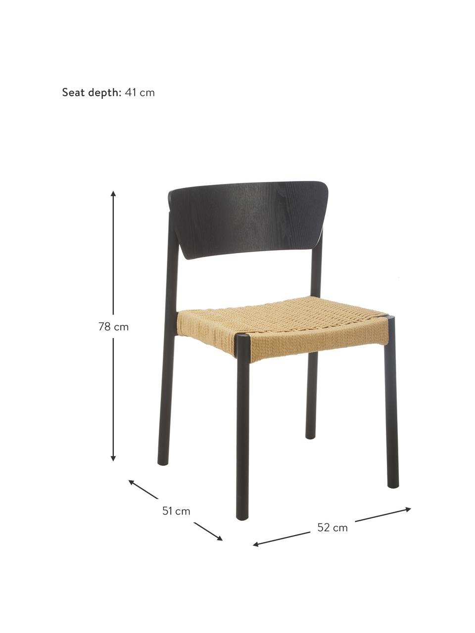 Sillas de madera y ratán Danny, 2 uds., Estructura: madera de haya, Asiento: fibras de ratán, Negro, beige, An 52 x F 51 cm