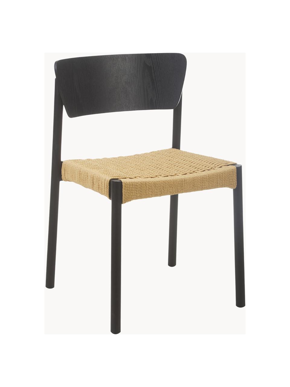 Holzstühle Danny mit Rattan-Sitzfläche, 2 Stück, Gestell: Massives Buchenholz, Sitzfläche: Papierrattan, Rückenlehne: Schichtholz mit Eschenfur, Schwarz, Beige, B 52 x T 51 cm