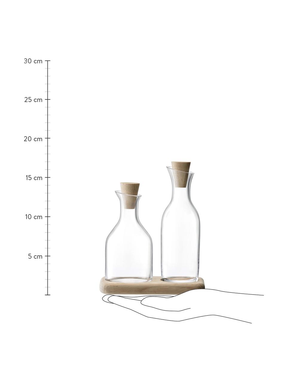 Azijn- en oliedispenser Serve van glas en eikenhout, 3-delig, Onderbord: eikenhout, Dispender: transparant. Onderbord: eikenhout. Stop: eikenhout, Set met verschillende formaten