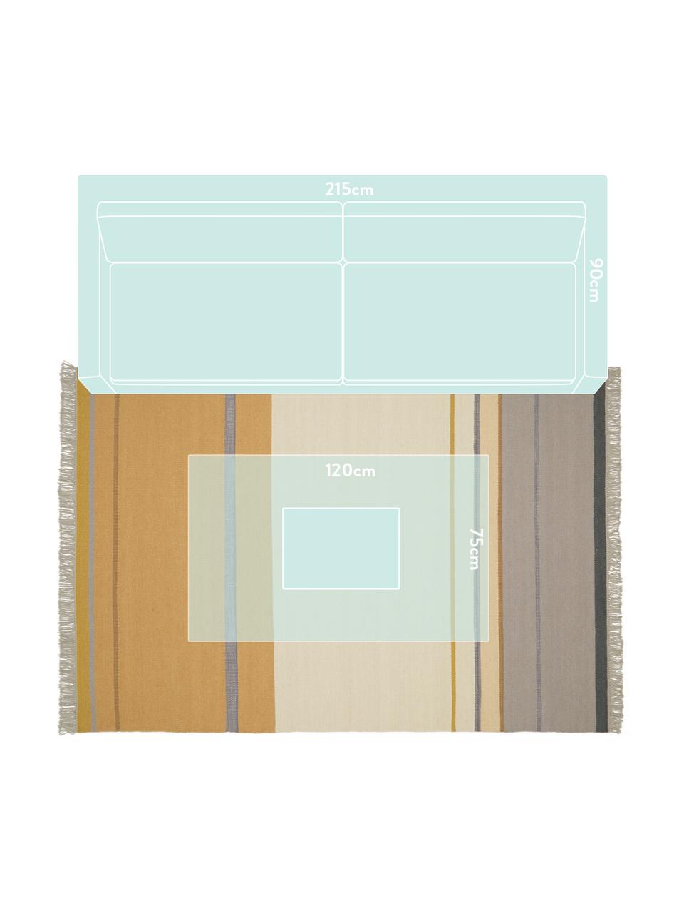 Handgeweven wollen vloerkleed Metallum in beige/geel met franjes, 85% wol, 15% polyester
Bij wollen vloerkleden kunnen vezels loskomen in de eerste weken van gebruik, dit neemt af door dagelijks gebruik en pluizen wordt verminderd., Multicolour, B 170 x L 240 cm (maat M)