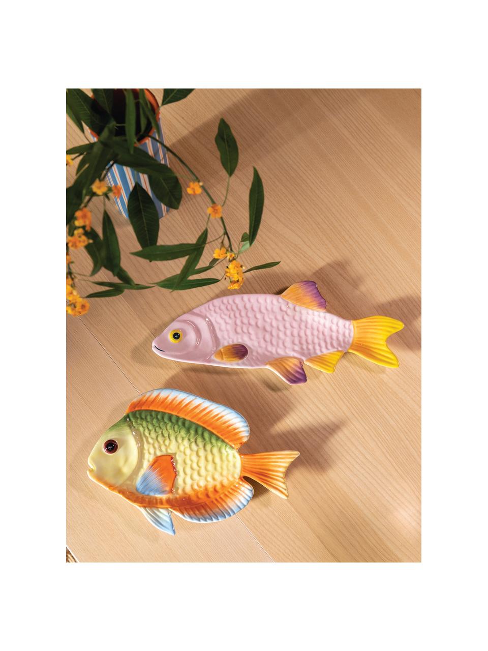 Handbeschilderde serveerplateau Fish van dolomiet, Geglazuurd dolomiet, Roze, lila, oranje, citroengeel, B 32 x D 13 cm