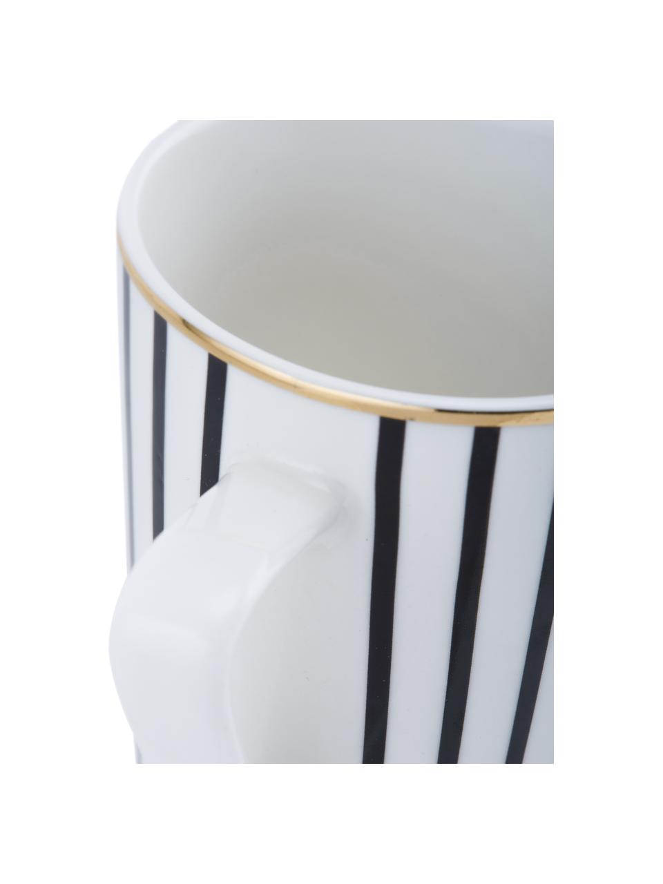 Tazza da tè a righe Pluto Loft 4 pz, Porcellana, Nero, bianco con bordo oro, Ø 8 x Alt. 10 cm, 300 ml