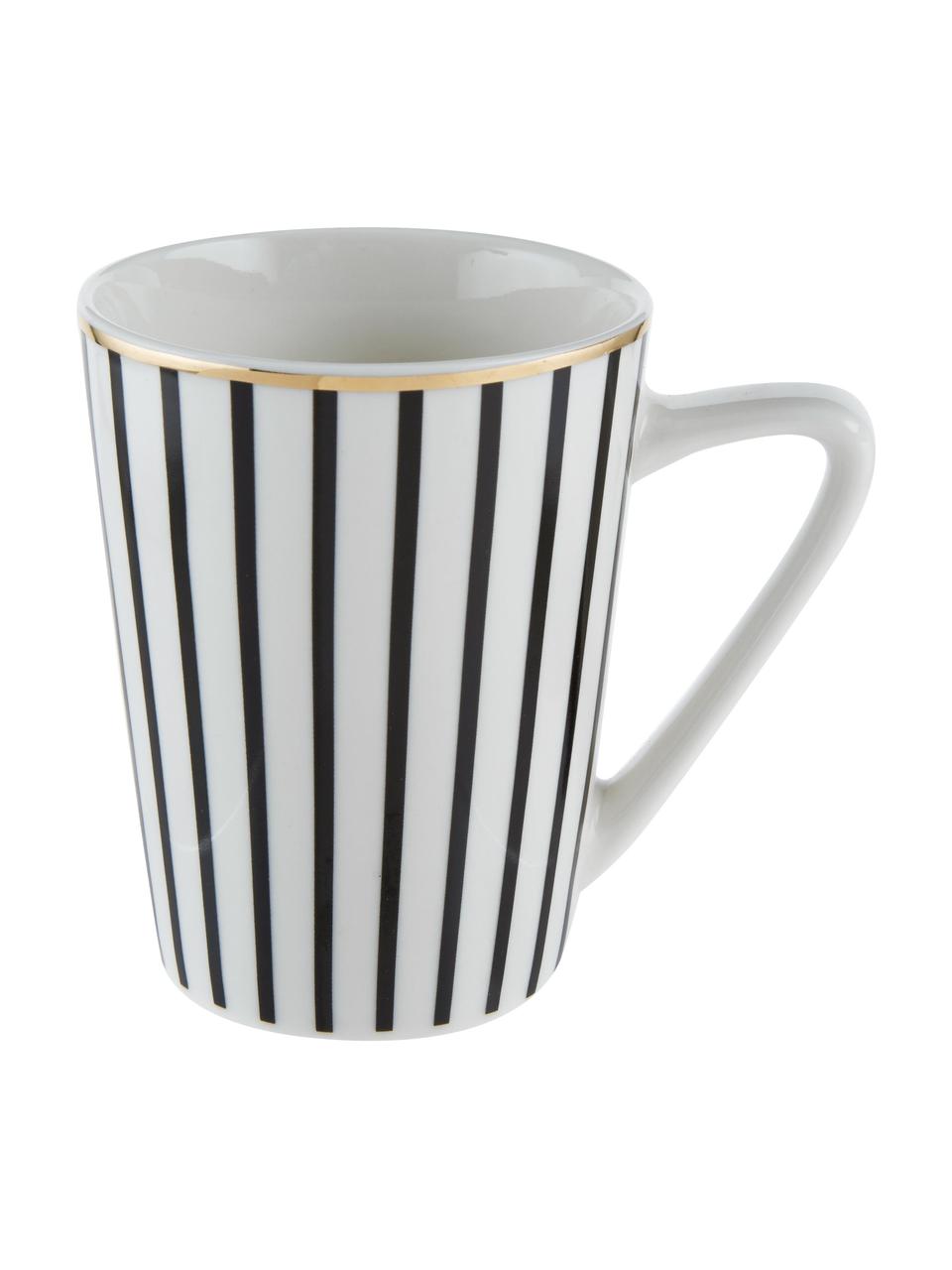 Tazza da tè a righe Pluto Loft 4 pz, Porcellana, Nero, bianco con bordo oro, Ø 8 x Alt. 10 cm, 300 ml