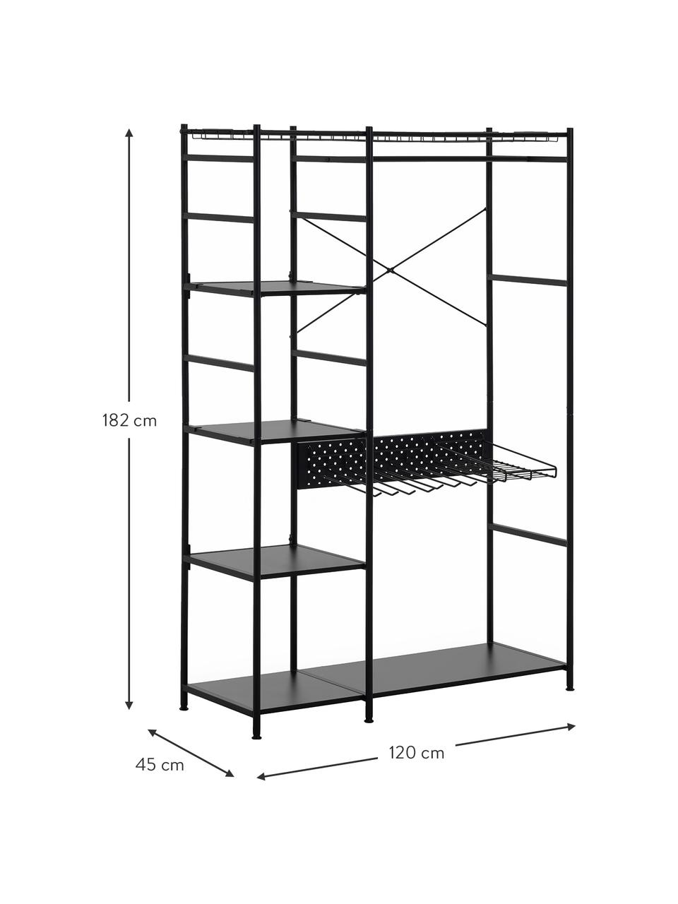 Deurloze metalen kledingkast Storn, Frame: gelakt metaal, Plank: spaanplaat, Zwart, B 120 cm x H 182 cm