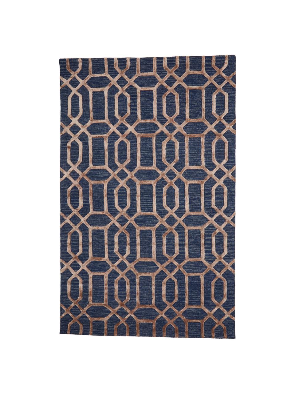 Handgetuft wollen vloerkleed Vegas met hoog-laag effect, Bovenzijde: 80% wol, 20% viscose, Onderzijde: 100% katoen Bij wollen vl, Donkerblauw, bruin, B 150 x L 245 cm (maat M)