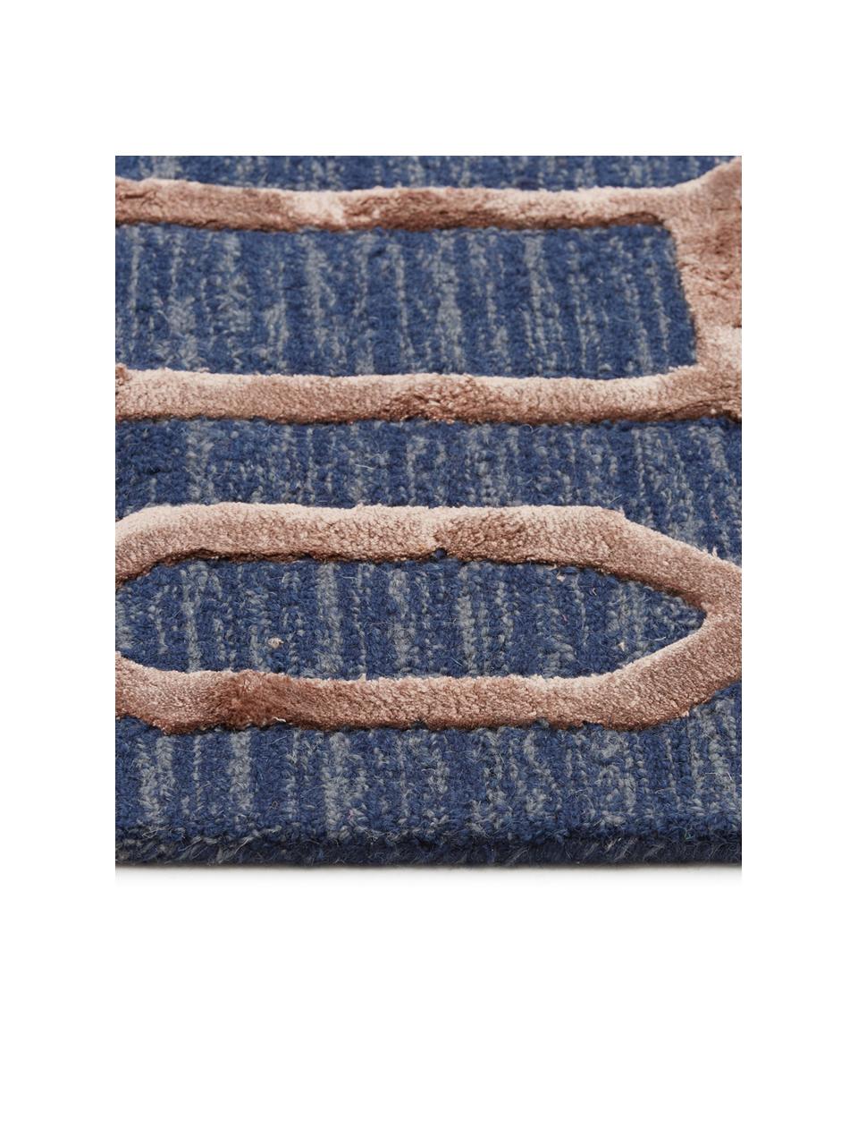 Ręcznie tuftowany dywan z wełny z wypukłą strukturą Vegas, Ciemny niebieski, brązowy, S 150 x D 245 cm (Rozmiar M)