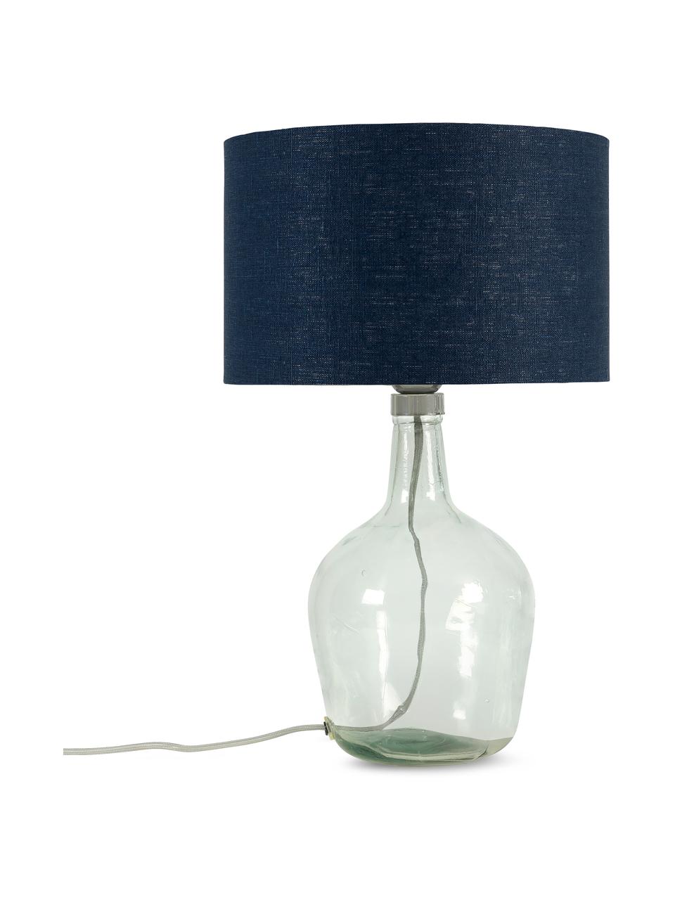 Lampada da tavolo in vetro riciclato Murano, Paralume: lino ecologico, Base della lampada: vetro riciclato, Blu scuro, trasparente, grigio, Ø 32 x Alt. 34 cm