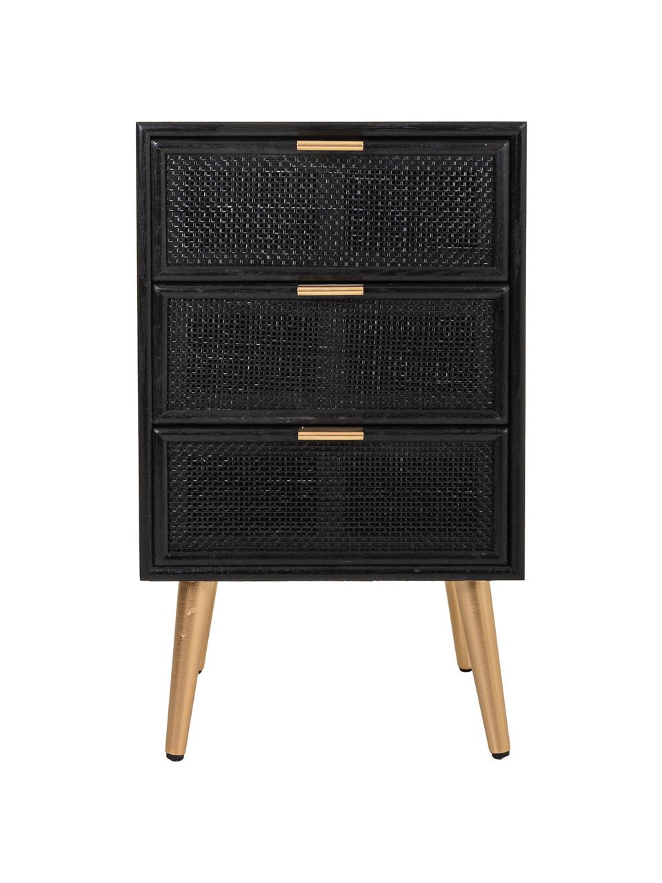 Mesita de noche de madera Cayetana Shelfy, Estructura: tablero de fibras de dens, Patas: madera de bambú, Madera pintada negro, An 42 x Al 71 cm