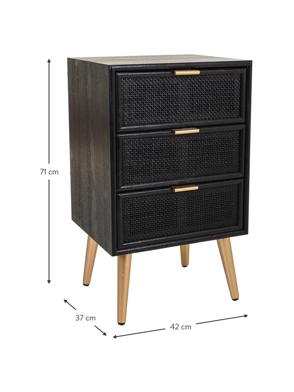 Mesita de noche de madera Cayetana Shelfy, Estructura: tablero de fibras de dens, Patas: madera de bambú, Madera pintada negro, An 42 x Al 71 cm