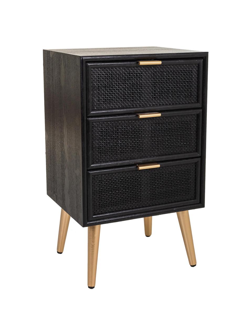 Mesita de noche de madera Cayetana Shelfy, Estructura: tablero de fibras de dens, Patas: madera de bambú, Madera pintada negro, An 42 x Al 71 cm