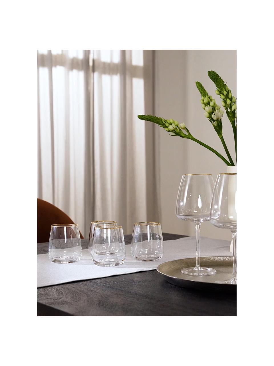 Vasos de vidrio soplado artesanalmente Ellery, 4 uds., Vidrio, Transparente con borde dorado, Ø 9 x Al 10 cm, 370 ml
