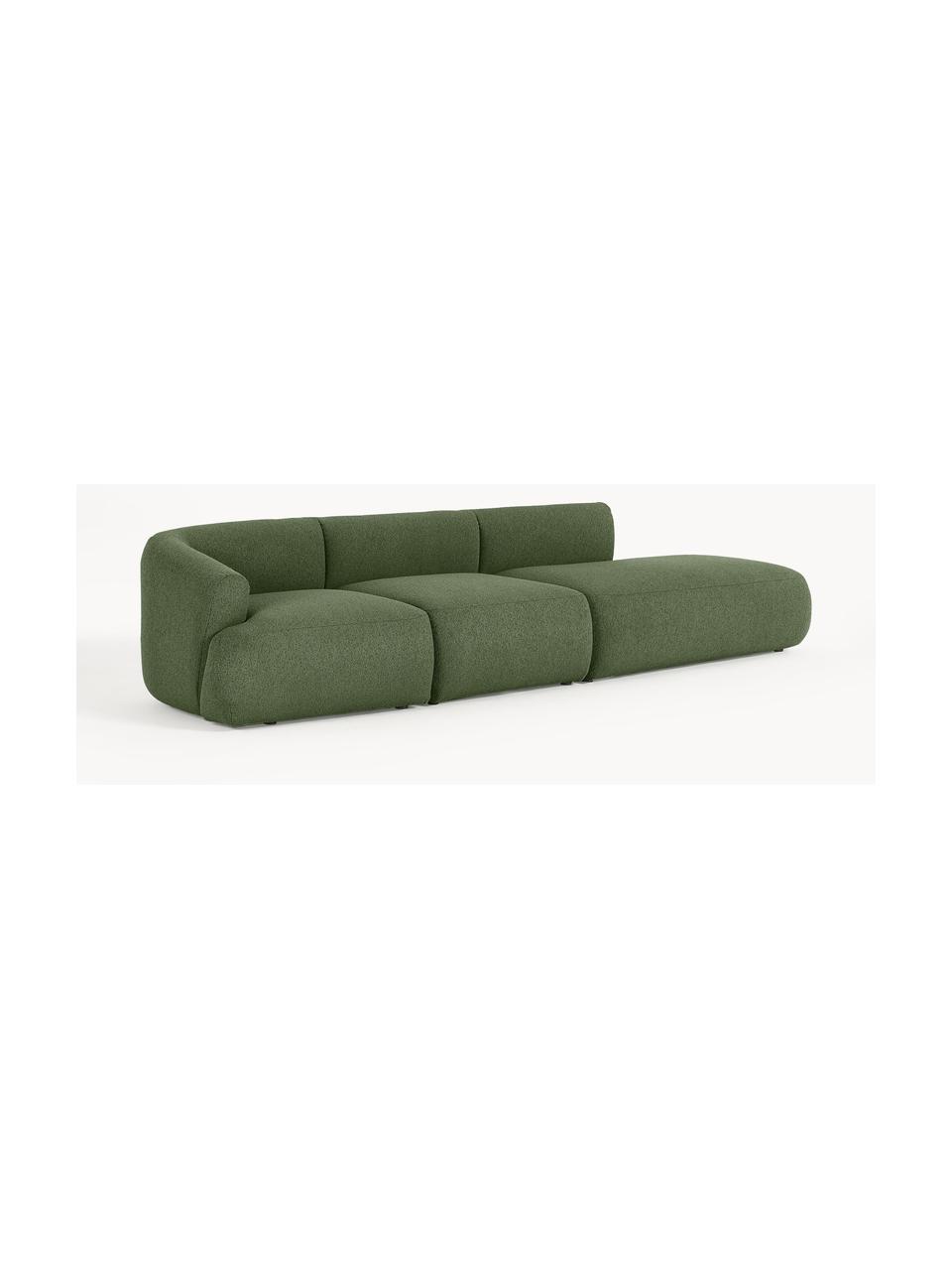 Modulaire XL chaise longue Sofia uit bouclé, Bekleding: bouclé (100% polyester) M, Frame: sparrenhout, spaanplaat, , Poten: kunststof Dit product is , Bouclé donkergroen, B 340 x D 103 cm, armleuning links