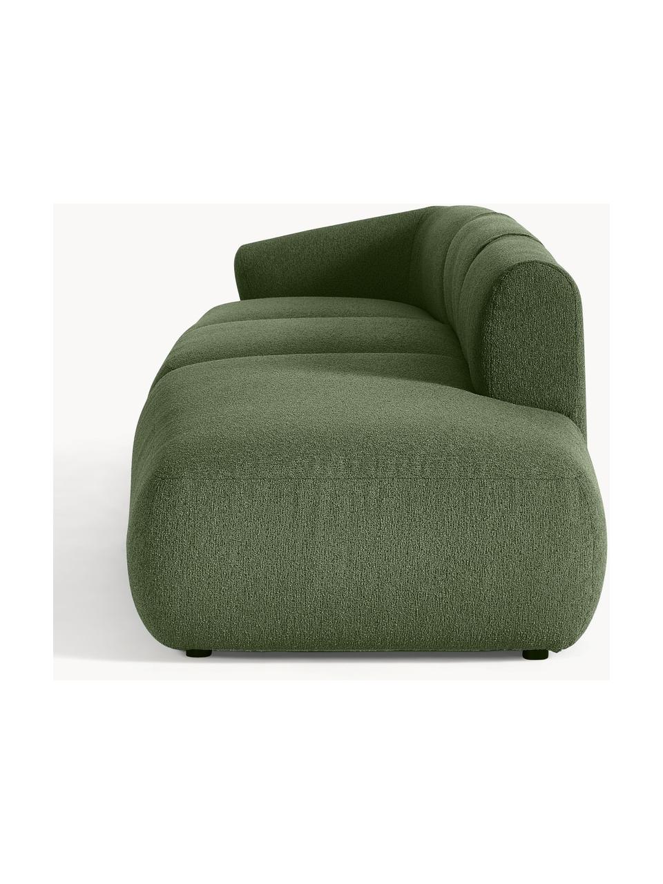 Chaise longue XL componibile in bouclé Sofia, Rivestimento: bouclé (100% poliestere) , Struttura: legno di abete rosso, tru, Piedini: plastica Questo prodotto , Bouclé verde scuro, Larg. 340 x Prof. 103 cm, modulo angolare sinistro