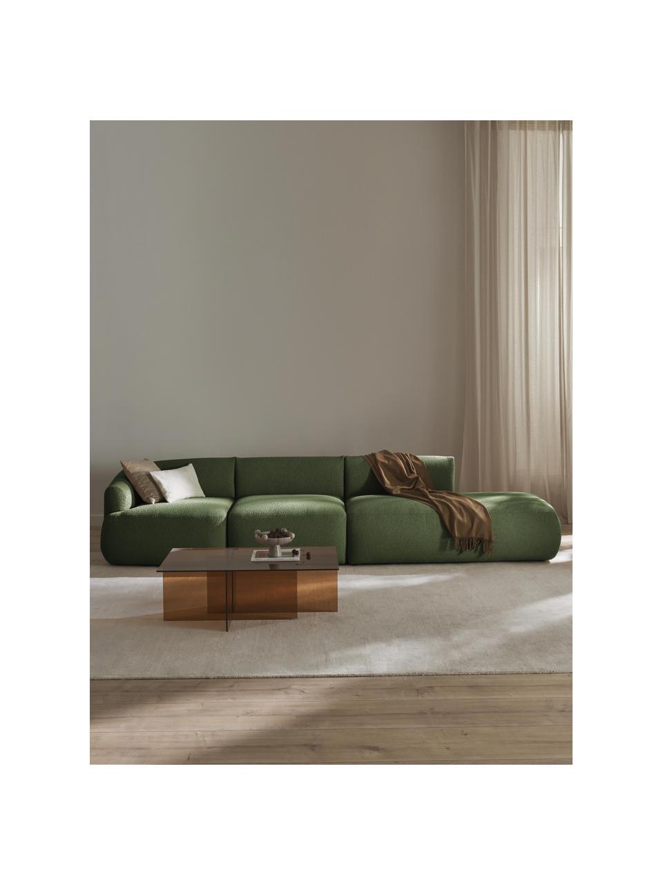 Modulaire XL chaise longue Sofia uit bouclé, Bekleding: bouclé (100% polyester) M, Frame: sparrenhout, spaanplaat, , Poten: kunststof Dit product is , Bouclé donkergroen, B 340 x D 103 cm, armleuning links