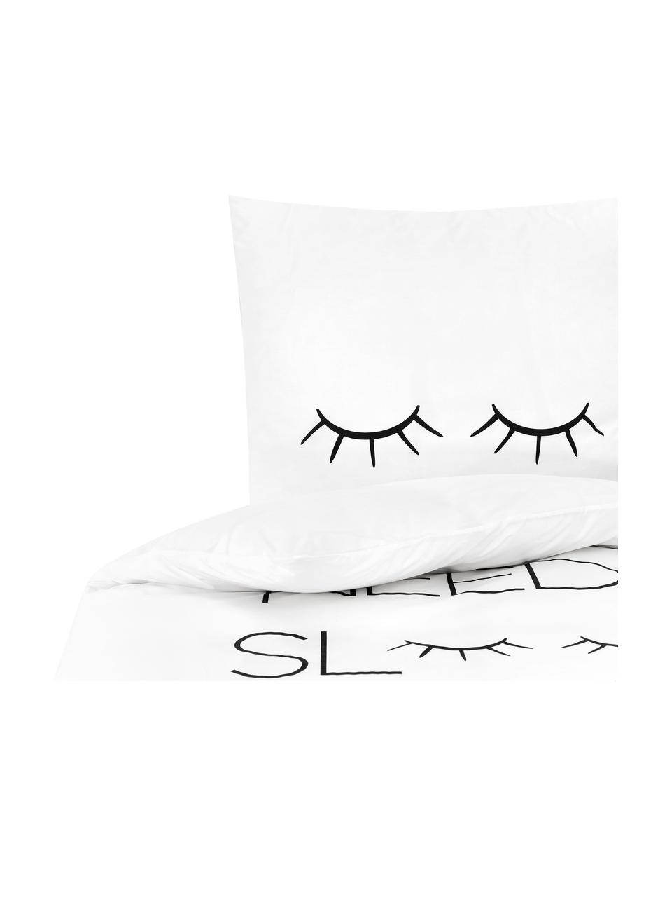 Pościel z perkalu Sleepy Eyes, Biały, czarny, 135 x 200 cm + 1 poduszka 80 x 80 cm