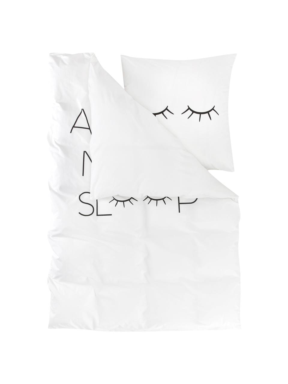 Pościel z perkalu Sleepy Eyes, Biały, czarny, 135 x 200 cm + 1 poduszka 80 x 80 cm