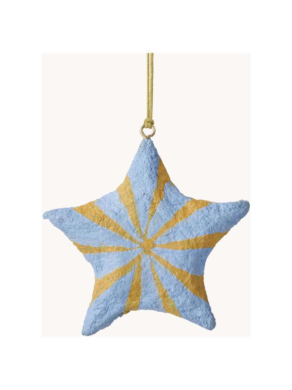 Kerstboomhangers Bomuld in stervorm, 4 stuks, Katoenpulp, Blauw, geel, Ø 9 x H 9 cm