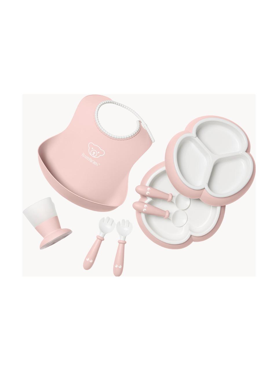 Set di 8 stoviglie per bambini con bavaglino Bliss, Plastica, Rosa chiaro, bianco, Larg. 17 x Alt. 13 cm