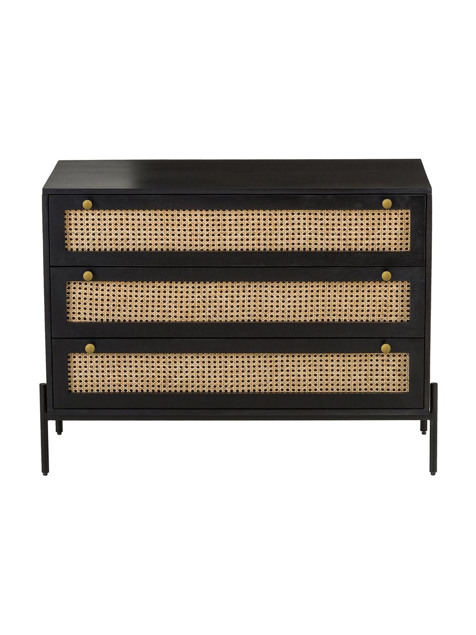 Cómoda cajonera con tejido vienés Vienna, Estructura: madera de mango maciza pi, Patas: metal con pintura en polv, Madera de mango, negro, An 105 x Al 78 cm