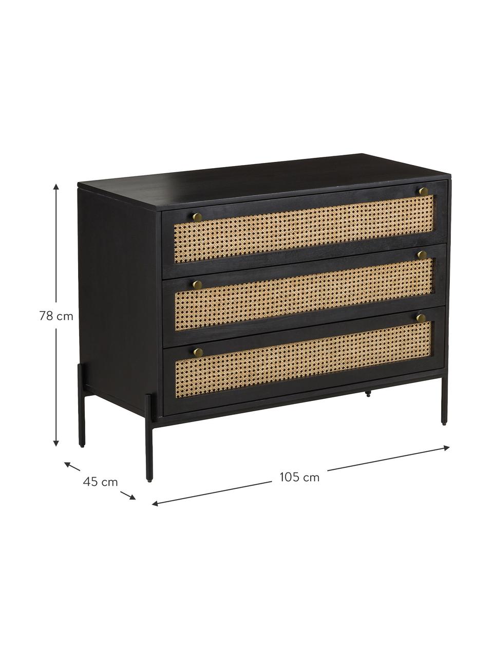 Commode en cannage Vienna, Bois de manguier, noir, larg. 105 x haut. 78 cm