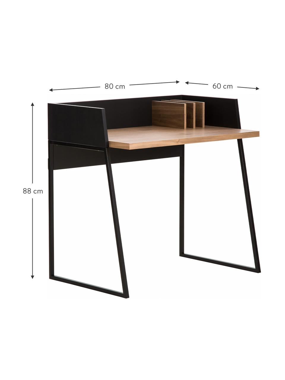 Kleiner Schreibtisch Camille mit Ablage, Beine: Metall, lackiert, Eichenholz, Schwarz, B 90 x T 60 cm