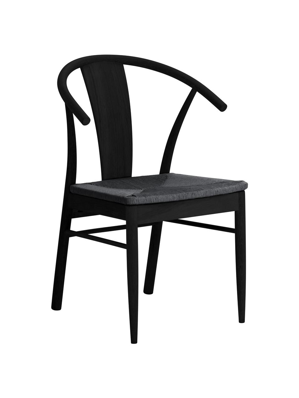 Krzesło z podłokietnikami z drewna i trzciny Janik, Stelaż: drewno dębowe lakierowane, Czarny, S 54 x G 54 cm