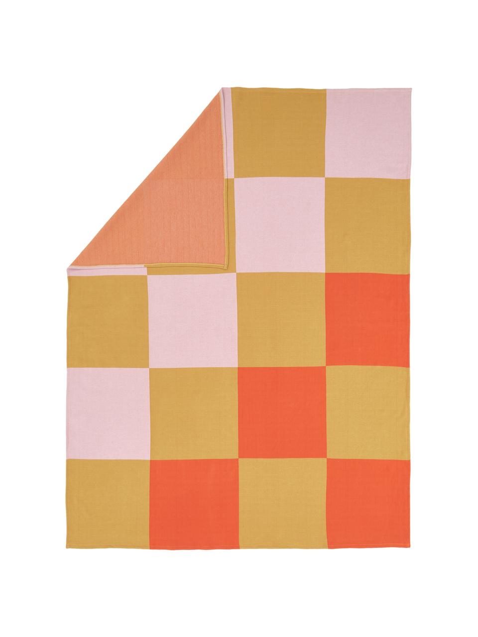 Geruite plaid Kiki van biokatoen, 100% katoen, GOTS-gecertificeerd, Oranje, mosterdgeel & roze, B 130 x L 170 cm