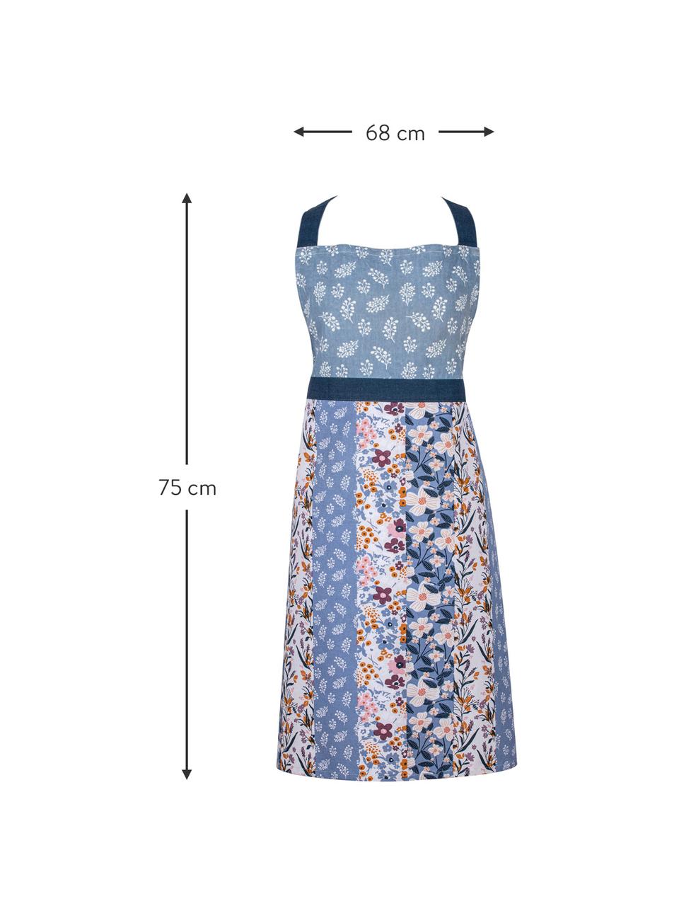 Schürze Homespun mit Blumenmuster und verstellbarem Nackenband, 100 % Baumwolle, Blau, Bunt, B 68 x L 75 cm
